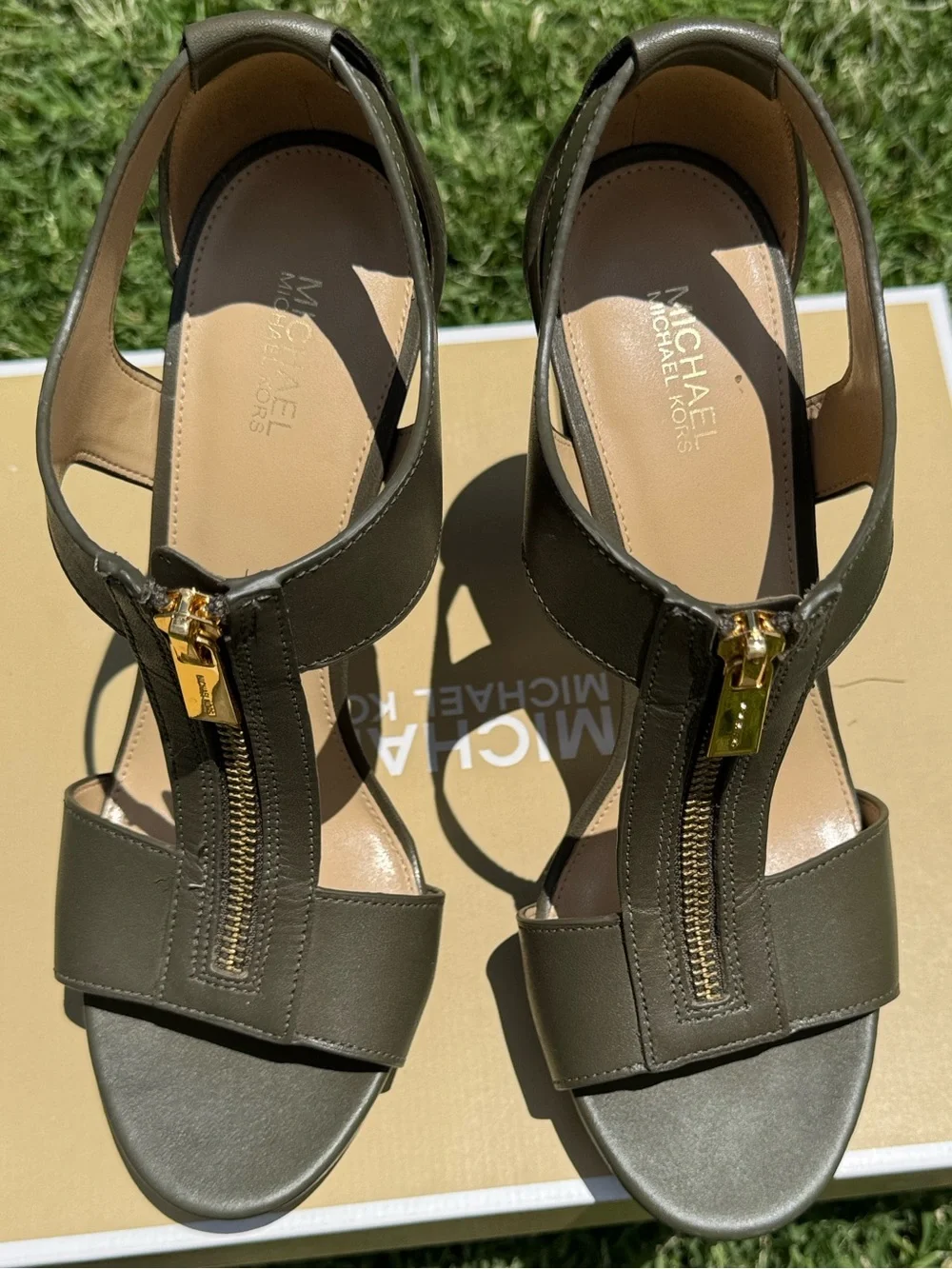 MICHAEL Michael Kors Olive Green T‑Strap Stacked Heel with Gold Zip Detail